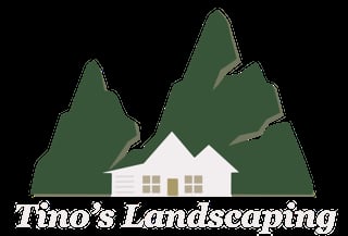 Tinos Landscaping logo featuring a white house with tan windows surrounded by green evergreen trees