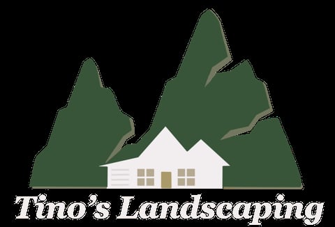Tinos Landscaping logo featuring a white house with tan windows surrounded by green evergreen trees
