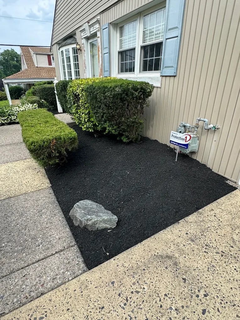 Black mulch garden bed with a rock next to a tan house, bordered by green hedges and stone patio